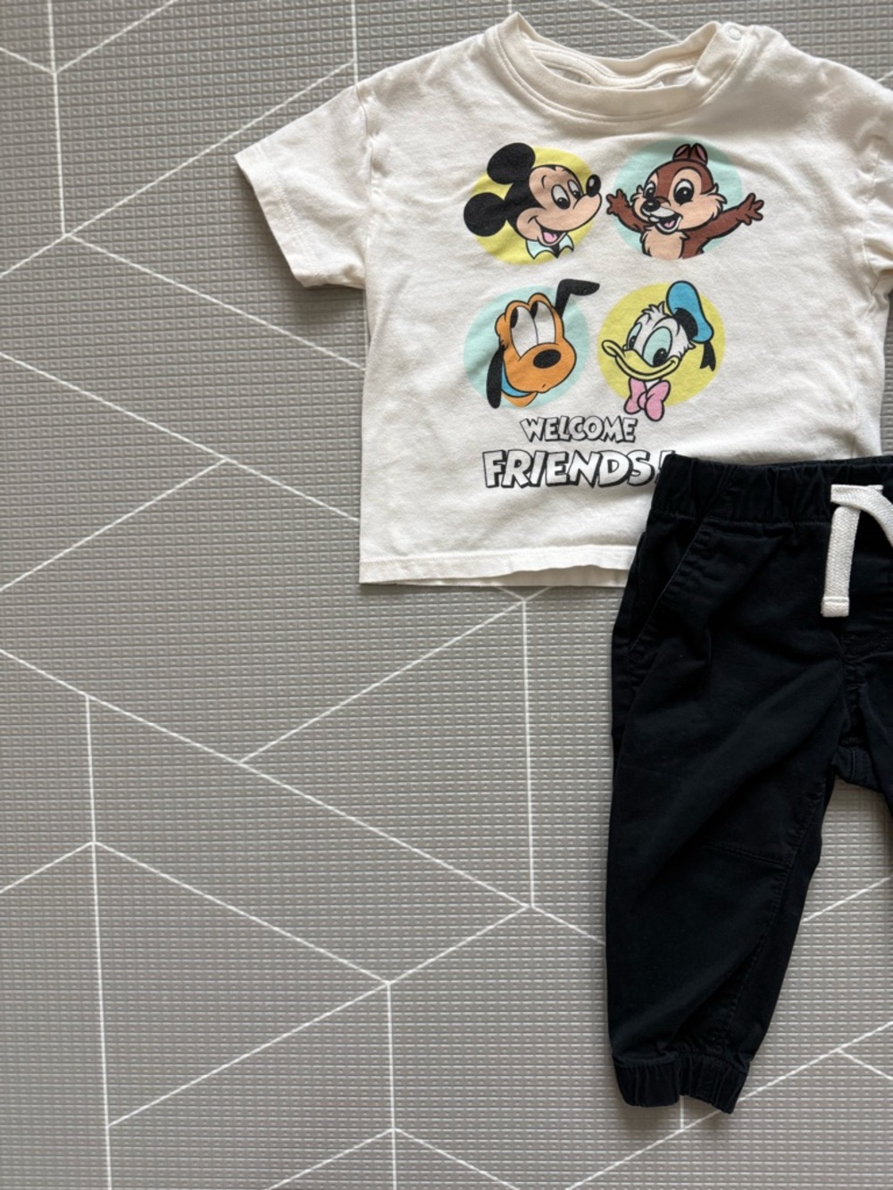 Disney|H&M Baby gender neutral White "Welcome Friends" Mickey Tee & Black pants•